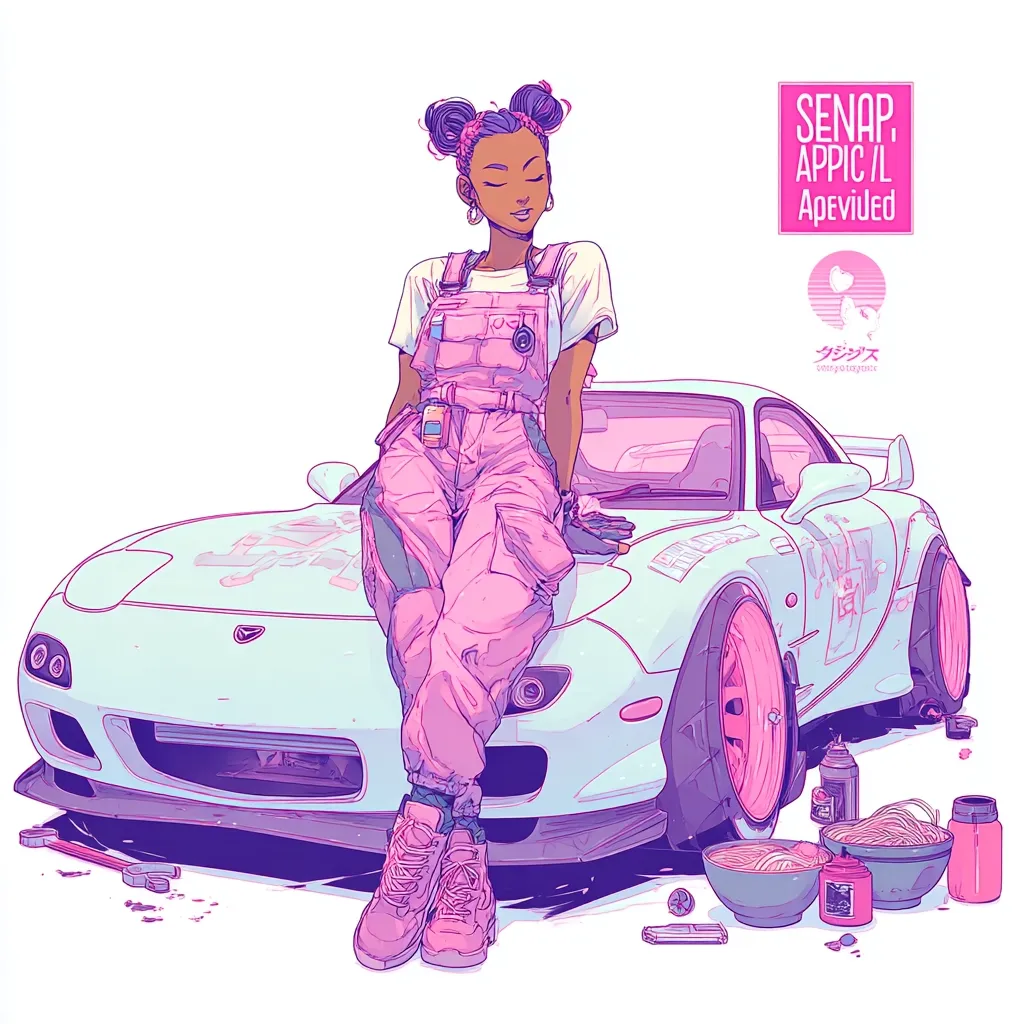 A stylized illustration depicts a young woman with dark skin and pink overalls casually sitting on the hood of a light blue Mazda RX-7.  The car has pink rims and custom detailing. The scene is set in a pastel color palette, with various mechanic tools and bowls of noodles scattered around. The artist's signature is visible in the upper right corner. The overall aesthetic is a blend of anime and car culture.
