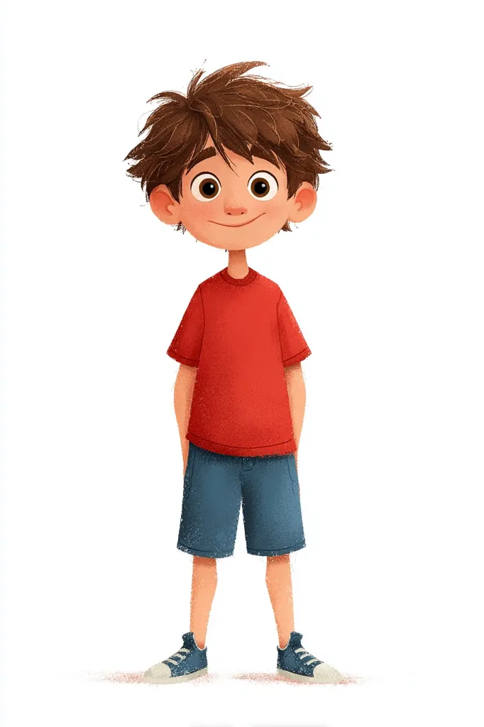 A charming illustration of a young boy. He has brown, slightly tousled hair and large, expressive eyes.  He's dressed in a red short-sleeved shirt and blue shorts, and wears dark blue sneakers. His hands are behind his back, and he stands with a pleasant, approachable expression. The style is digitally painted, with a soft, slightly textured look. The background is plain white.