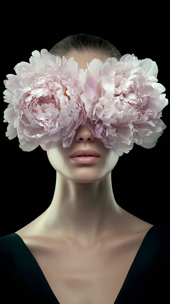 A woman's face is partially obscured by two large, pale pink peonies held in front of her eyes like a mask.  Her neck and shoulders are visible, clad in a simple black garment.  The background is a stark black, emphasizing the soft, delicate beauty of the flowers and the woman's smooth skin. The image is striking and evokes a sense of serene mystery.