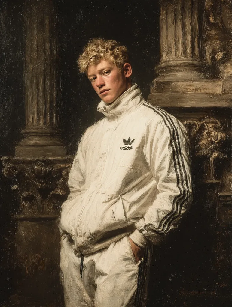 A young man with curly blond hair is depicted in a classical-style portrait. He wears a white Adidas tracksuit, his hands tucked into his pockets.  The backdrop features dark, ornate columns, creating a contrast between modern sportswear and classical architecture. The painting employs rich, dark tones and a painterly style reminiscent of old masters.