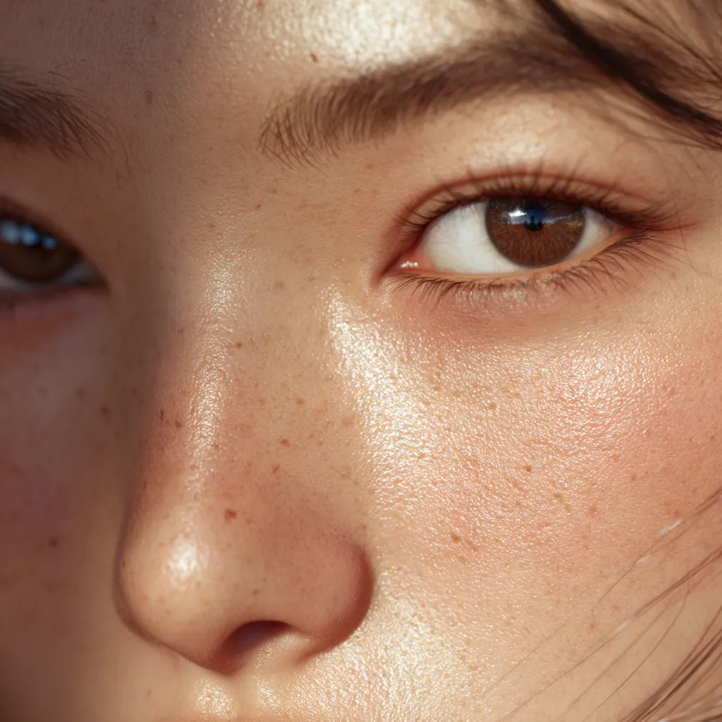Close-up of a person's face, highlighting their skin texture.  The image focuses on one eye, showcasing its brown iris and long lashes.  The skin has a subtle sheen and visible freckles, appearing naturally radiant.  The nose is prominent, and the overall impression is one of natural beauty and healthy skin.