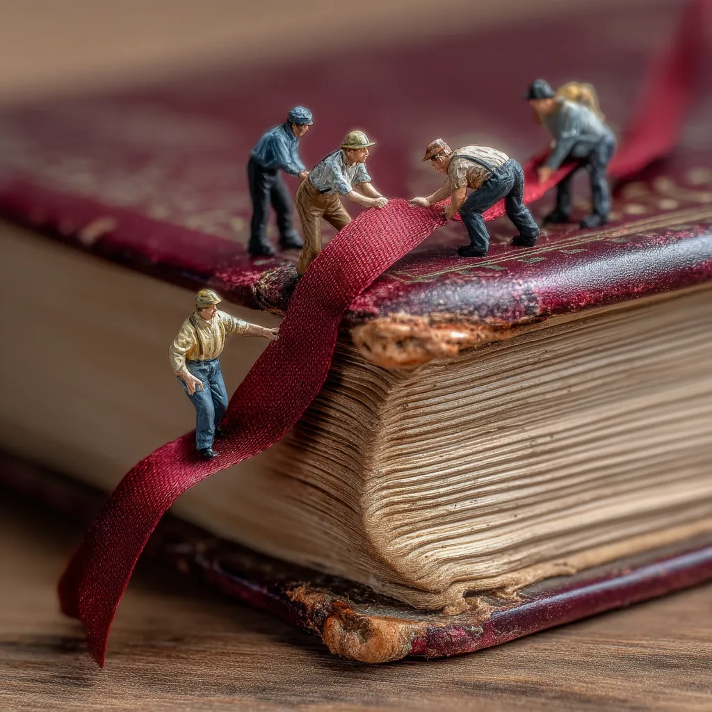 Miniature figures of workers collaborate to carefully pull a long, maroon ribbon across the spine of a thick, antique book.  The book is aged, its leather cover showing wear, and the pages appear brittle with age. The scene is a whimsical representation of preserving or celebrating literature.