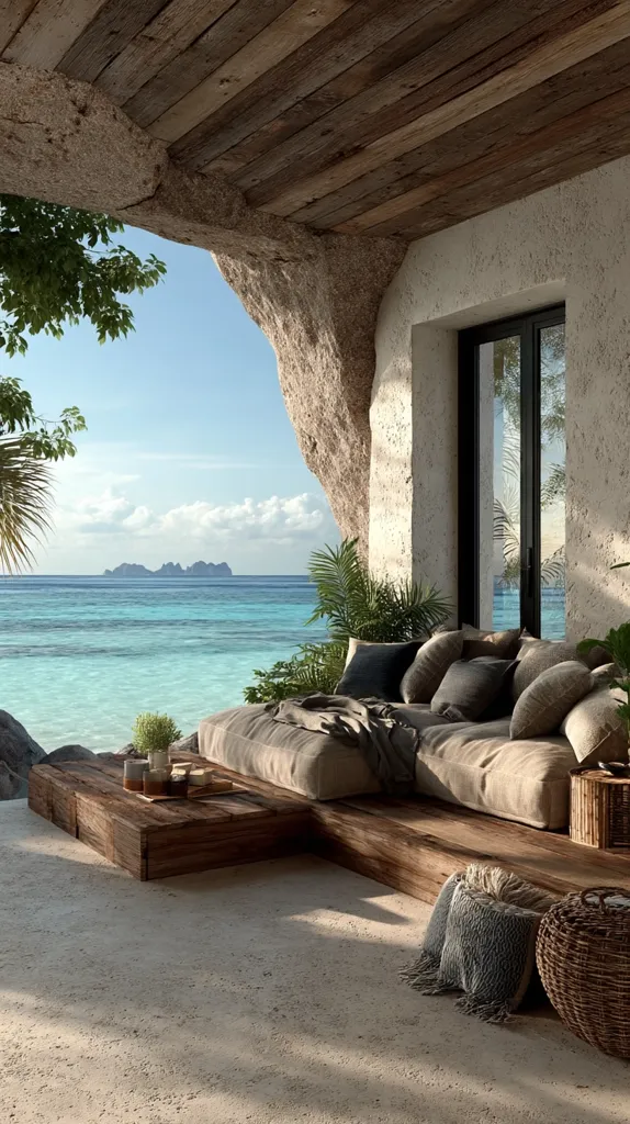 A tranquil beachfront patio, nestled beneath a rustic wooden ceiling and partially carved into a rock face.  A low, comfortable daybed is furnished with plush cushions, overlooking a calm turquoise sea and distant islands.  Wooden coffee tables and woven baskets add to the relaxed, bohemian atmosphere. The scene evokes a sense of serenity and escape.