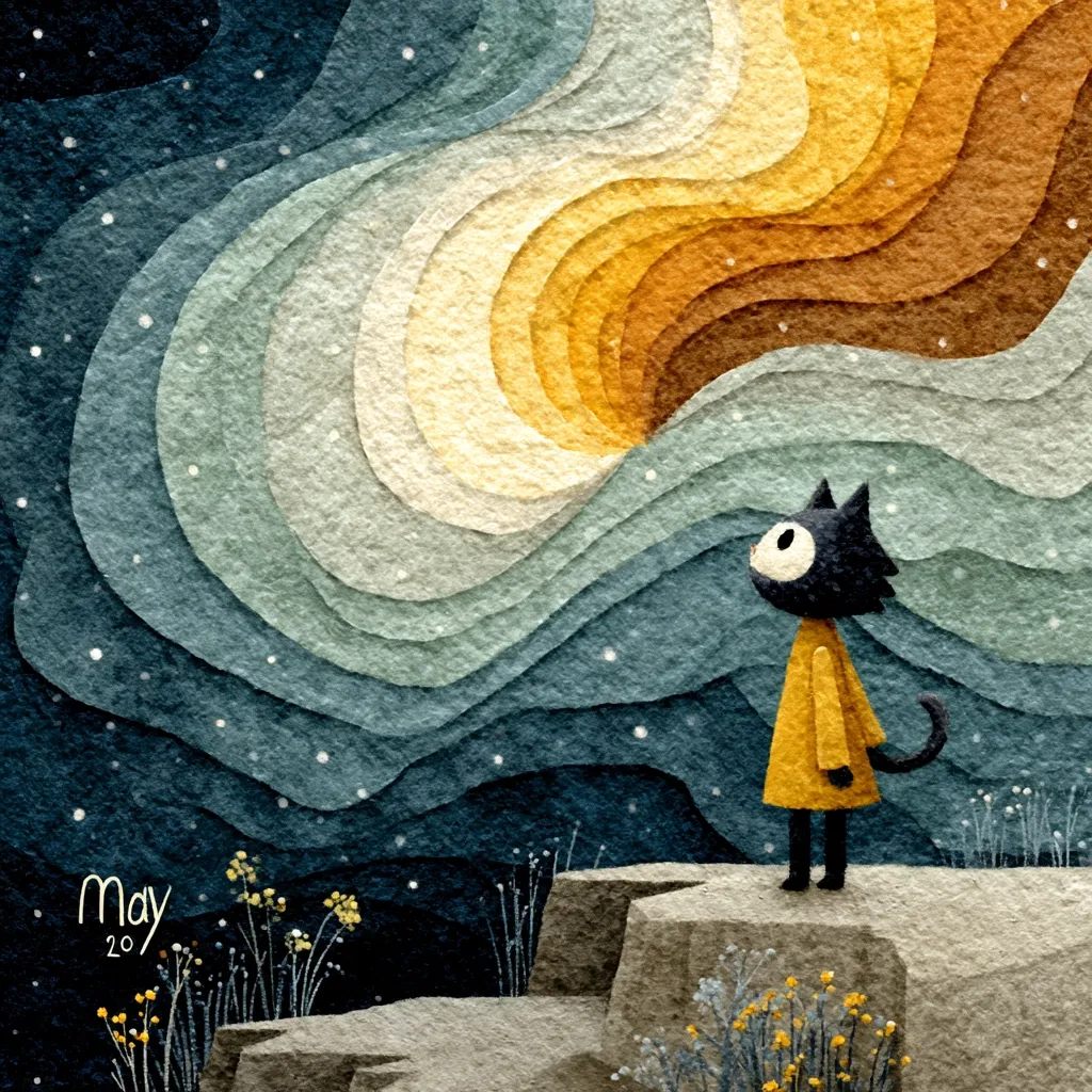 A stylized illustration depicts a black cat in a yellow coat standing on a rocky outcrop, gazing upwards at a swirling, layered celestial event rendered in warm, earthy tones.  The background is a textured, night sky with subtle snowfall.  The style is reminiscent of paper cut-outs or layered paint, with a calm and whimsical atmosphere. The date "May 20" is subtly included in the bottom left corner.