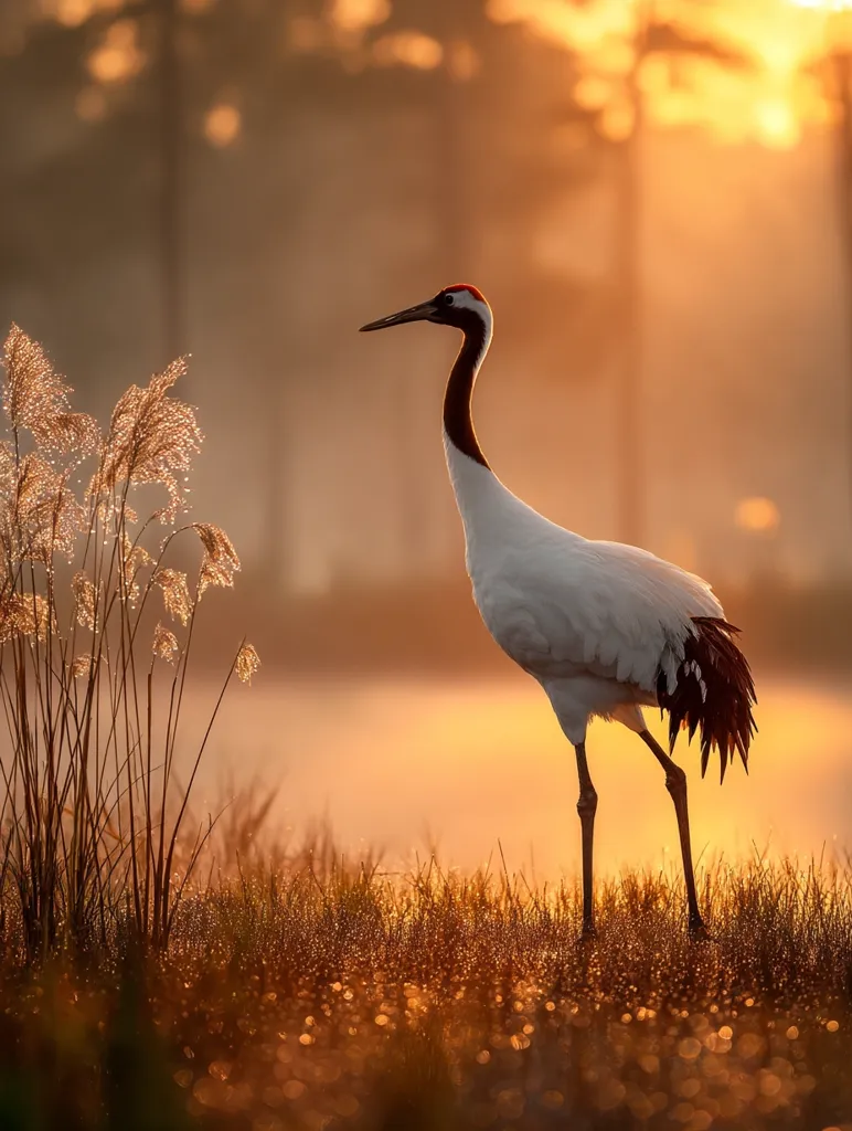 A red-crowned crane stands elegantly in a dewy field at sunrise.  The warm golden light bathes the bird and the grasses, creating a serene and picturesque scene.  The crane's white body contrasts beautifully with its black tail feathers and red crown.  The background is softly blurred, drawing focus to the graceful creature.  The overall image evokes a feeling of peace and tranquility.