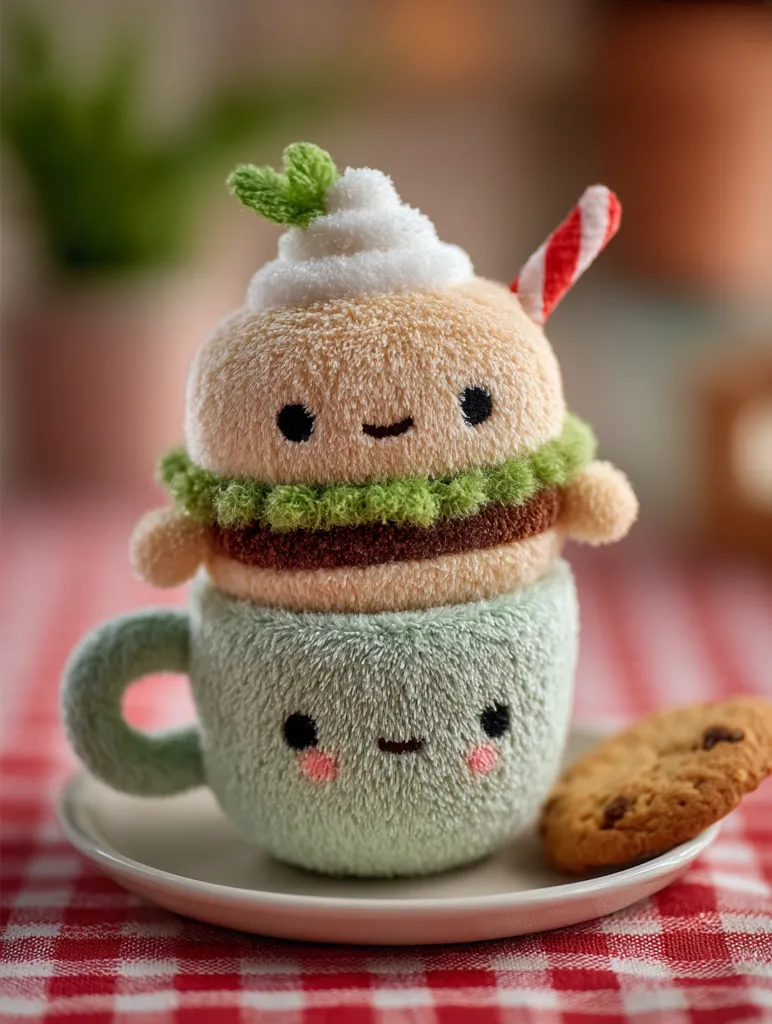 A charming plush toy resembling a burger with whipped cream and a candy cane, sits nestled in a plush teacup.  The teacup, also with a cute face, rests on a saucer accompanied by a chocolate chip cookie.  The entire scene is soft and whimsical, set against a red and white checkered tablecloth. The image evokes a cozy and delightful atmosphere.