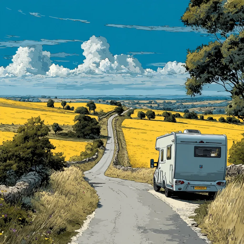 A campervan travels down a winding country road.  Rolling hills of vibrant yellow fields stretch to the horizon under a partly cloudy blue sky.  The scene is idyllic and peaceful, suggesting a journey through picturesque countryside.  The road is bordered by dry grass and low stone walls, with scattered trees dotting the landscape.  The overall style is reminiscent of a graphic novel or illustration.