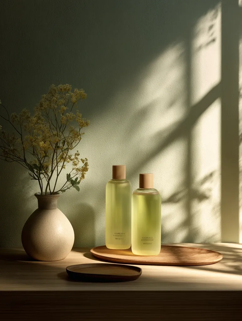 Two amber glass bottles with wooden caps sit on a wooden tray.  A vase of dried yellow flowers rests beside them on a light wood surface.  Sunlight streams through a window, casting shadows on the wall.  The minimalist aesthetic emphasizes natural tones and textures, creating a serene and calming atmosphere.  A smaller wooden tray is placed in the foreground.