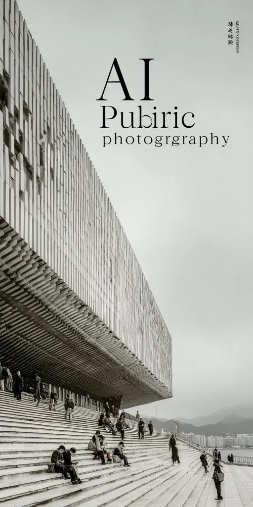 The cover features a grayscale image of a modern architectural structure, possibly a library or museum, with a large, sweeping staircase leading up to its entrance.  People are casually seated and walking on the stairs, providing a sense of scale.  The title "AI Pubiric Photography" is superimposed, suggesting the image was created or enhanced using artificial intelligence. The overall aesthetic is clean, minimalist, and somewhat somber.