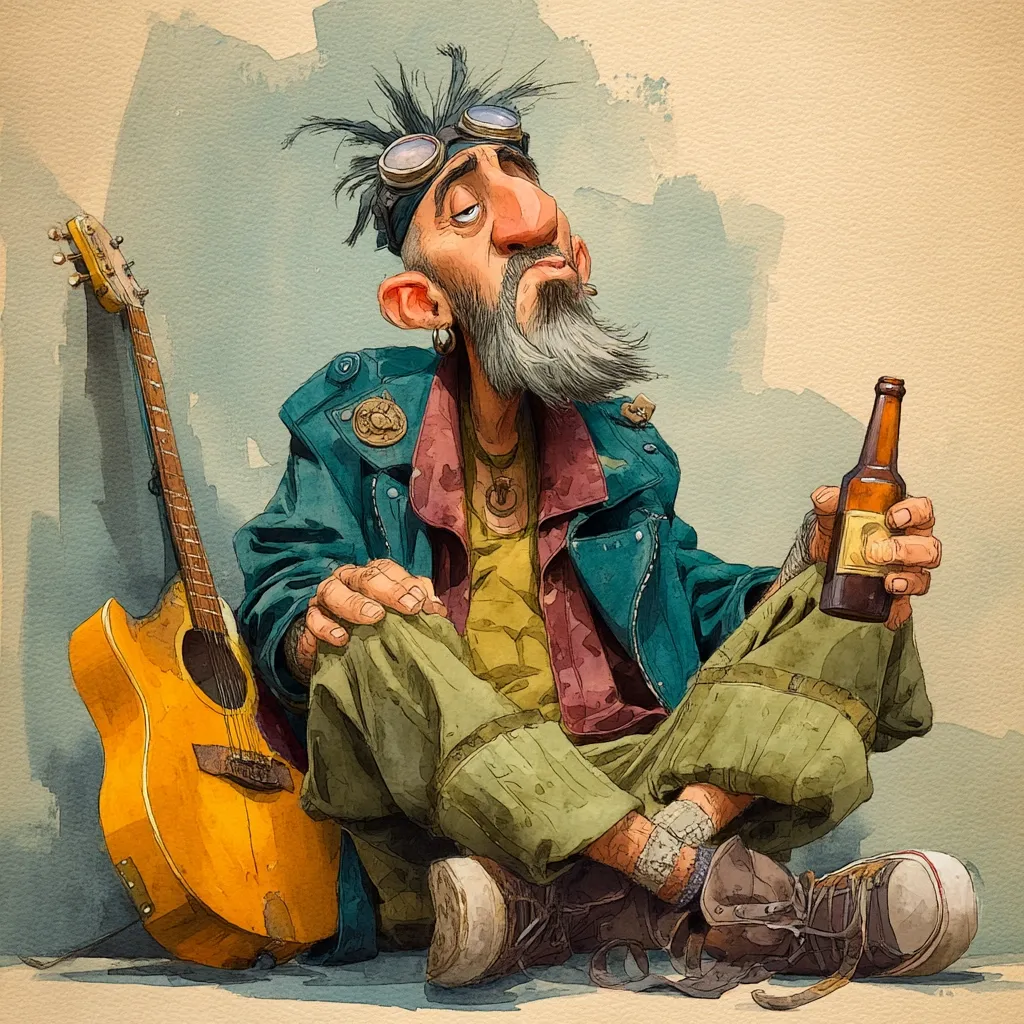 A whimsical watercolor illustration depicts a grizzled, long-haired biker, seated cross-legged with a guitar resting beside him.  He wears a worn leather jacket, patched pants, and goggles perched atop his head.  A contemplative expression graces his face as he holds a bottle of beer. The style is reminiscent of cartoonish realism, blending detailed features with a painterly, slightly rough texture. The overall mood is relaxed and slightly melancholic.
