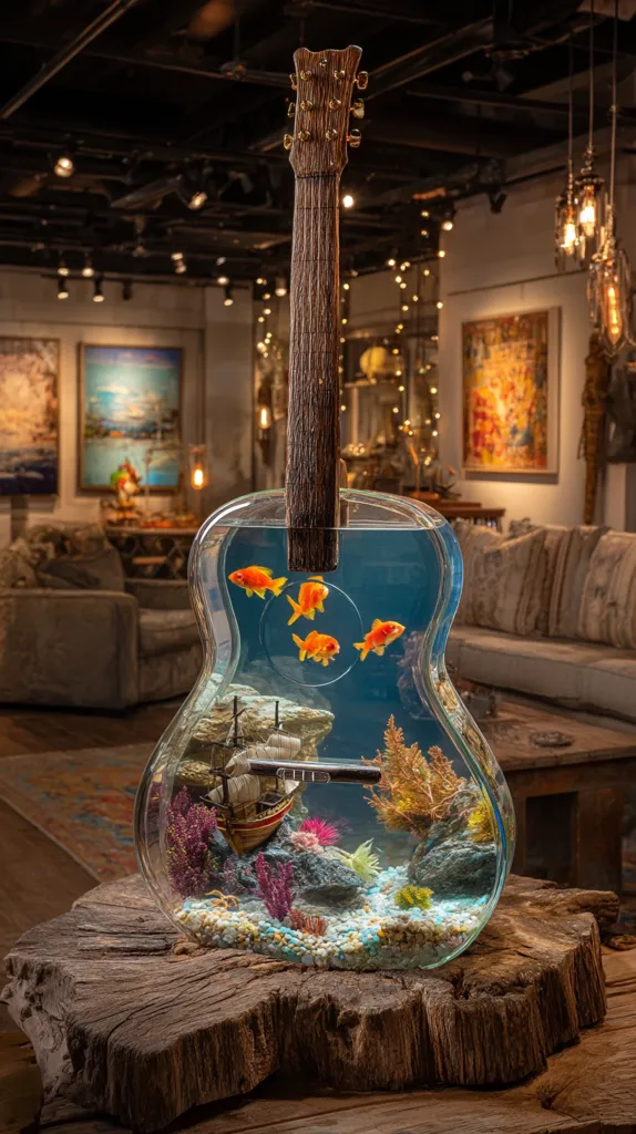 A unique aquarium shaped like a guitar sits on a rustic wooden base.  The clear body showcases several goldfish swimming among meticulously arranged underwater plants and a miniature sailboat. The guitar's neck is made of dark wood, contrasting with the glass body.  The piece is displayed in an art gallery-like setting, surrounded by artwork and comfortable furniture.