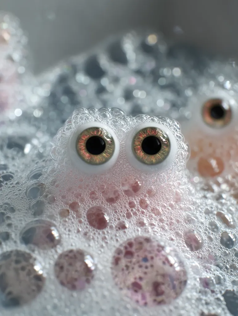 Close-up view of two large, realistic eyes peering out from a mass of soapy bubbles.  The eyes have brown irises and are surrounded by white foam, giving the impression of a creature submerged in suds.  Other blurry eyes are visible in the background, suggesting multiple entities are present, all seemingly bathed in bubbly water.  The overall tone is whimsical and slightly surreal.