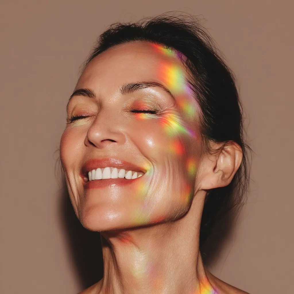 A close-up shot of a woman's face, eyes closed in serene joy.  Rainbow light refractions illuminate one side of her face, highlighting her radiant skin and natural beauty.  Her smile is genuine and bright, showcasing healthy, even teeth. The overall mood is peaceful and uplifting.