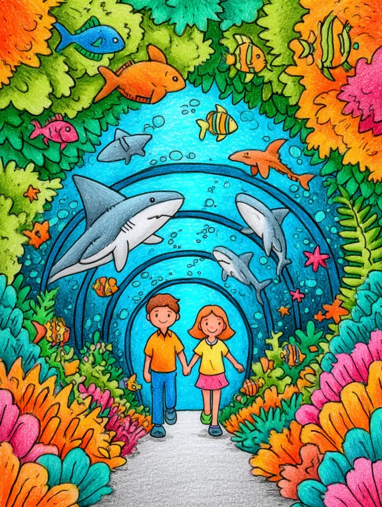 A vibrant illustration depicts a boy and girl hand-in-hand, walking through an underwater tunnel.  Surrounding them are colorful coral reefs, diverse fish, and sharks swimming in a whimsical, cartoon-like ocean. The scene is bright and cheerful, showcasing a playful underwater world. The children's attire is simple, contrasting the complex marine life detail.  The overall style is reminiscent of children's book art.