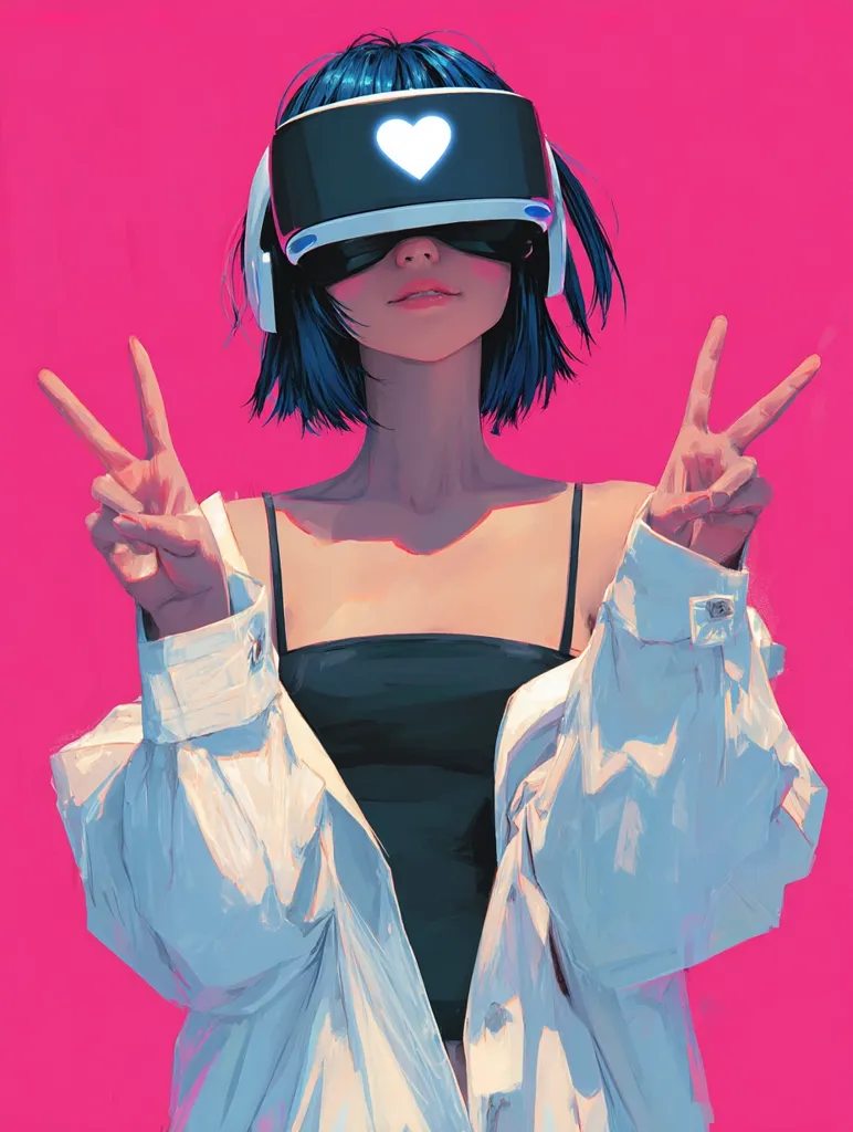 A stylized anime girl with short blue hair wears a virtual reality headset displaying a glowing heart.  She's dressed in a black top and oversized white shirt, and makes peace signs with both hands.  The vibrant pink background contrasts sharply with her attire, creating a visually striking image. The art style is characterized by bold lines and a painterly texture.