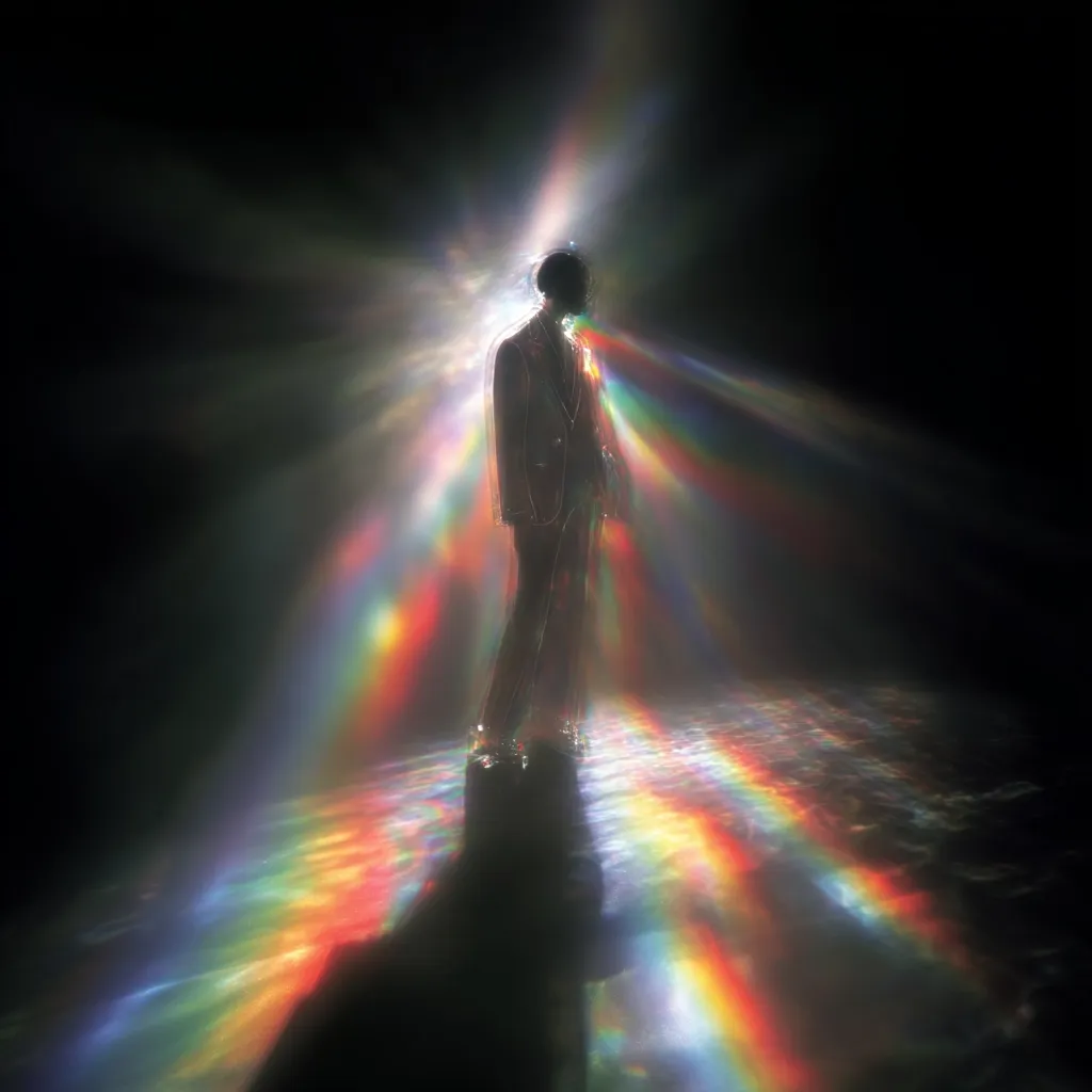 A lone figure, dressed in a suit, stands in a dark space illuminated by a vibrant, multicolored light display.  The light refracts and disperses, creating a rainbow effect on the floor around the person.  The scene is dreamlike and surreal, emphasizing the individual's isolation within the spectacular light show.  The overall atmosphere is mysterious and captivating.