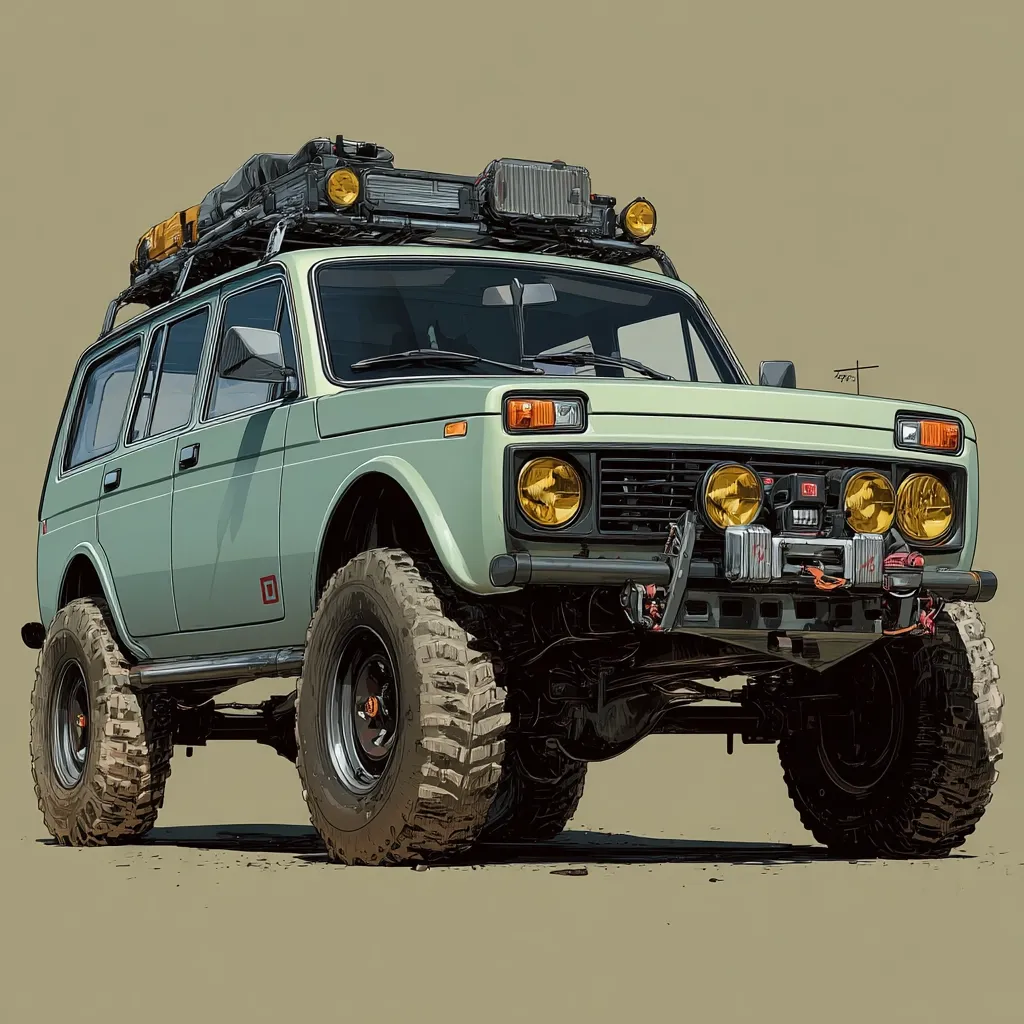 A digitally rendered illustration showcases a light green Lada Niva, heavily modified for off-road adventures.  Equipped with a roof rack laden with gear, oversized mud tires, and a robust front bumper with auxiliary lights, the vehicle exudes a rugged and capable aesthetic. The detailed artwork highlights the vehicle's textured surfaces and the grime suggestive of extensive off-road use. The overall style is a blend of realism and stylized design.