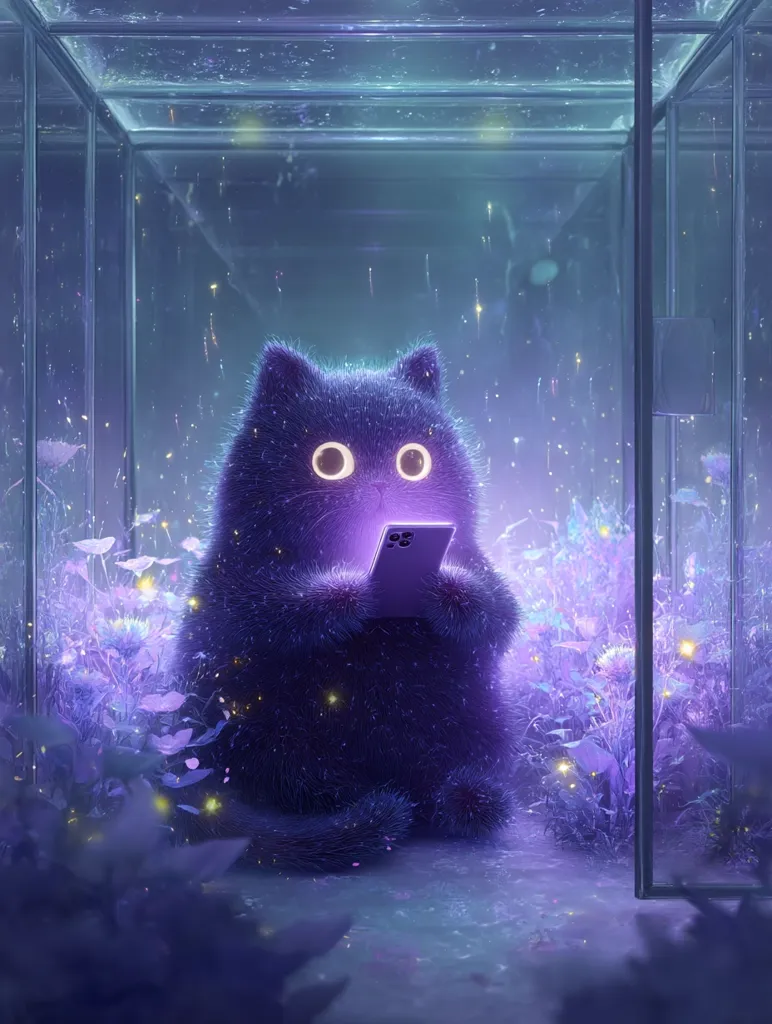 A fluffy, dark purple cat sits inside a glass enclosure, illuminated by soft purple light.  The cat holds a glowing purple phone.  Surrounding it are glowing purple plants and fireflies. The scene is ethereal and dreamlike, suggesting a magical or fantasy setting.  The cat's large eyes are wide, adding to the whimsical mood.