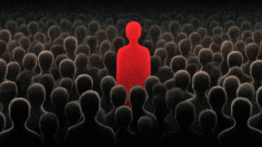 A single, vibrant red figure stands out amidst a sea of dark, indistinct shapes.  The red figure is centrally positioned, sharply contrasting with the muted, almost anonymous crowd surrounding it. The image evokes a sense of individuality, standing apart from the masses, or perhaps a feeling of being different or unique. The textured style adds to the mysterious and somewhat unsettling atmosphere.