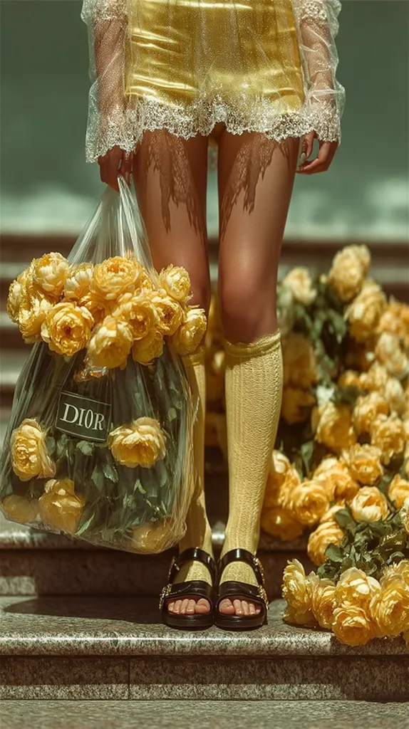A woman in a gold, lace-trimmed mini-dress carries a plastic bag filled with yellow roses, the bag displaying the Dior logo.  She wears yellow knee-high socks and black sandals.  Surrounding her are more bouquets of yellow roses, creating a vibrant, monochromatic scene. The image is styled with a vintage aesthetic, emphasizing the golden hues and soft lighting.