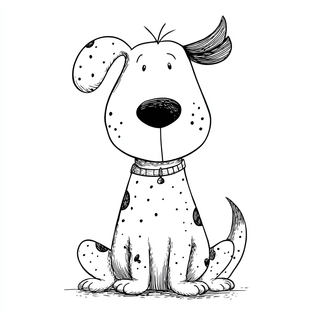 A charming cartoon dog sits, facing forward.  Its black and white spotted coat is detailed with hand-drawn textures.  The dog has large, expressive eyes, a small collar with a bell, and a slightly curled tail.  The overall style is whimsical and playful, suggesting a friendly and approachable pet.