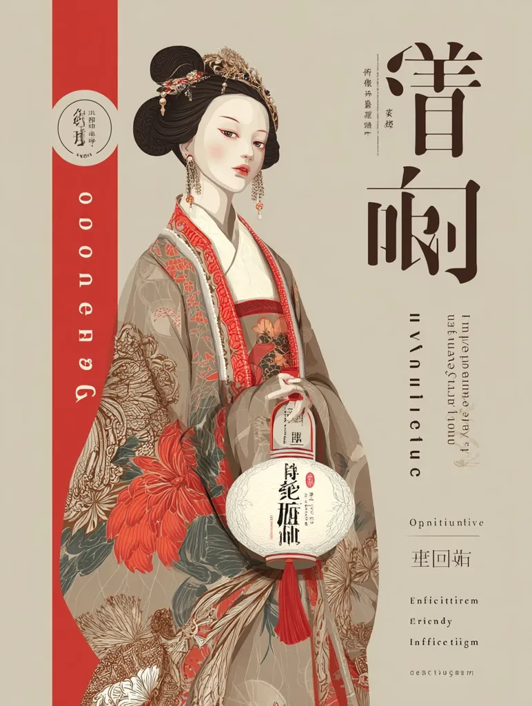 An elegant illustration depicts a woman in traditional Chinese attire.  She wears a flowing robe adorned with intricate floral patterns in shades of red and gray.  Her hair is styled elaborately, and she holds a delicately painted lantern. The overall style is refined and evocative of classical Chinese art, with a serene and graceful atmosphere.  Chinese characters are prominent, likely titles or descriptions related to the artwork.