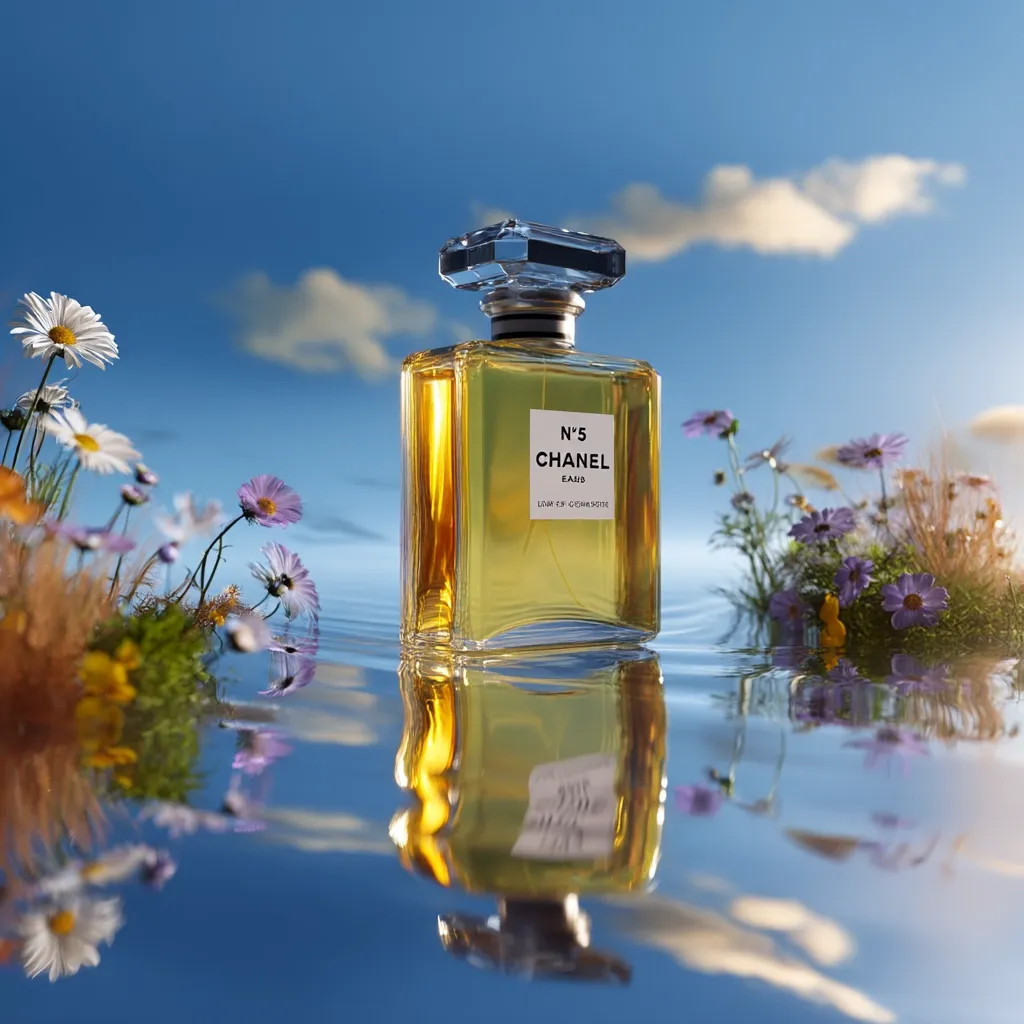 A bottle of Chanel No. 5 Eau de Toilette sits in calm, reflective water, surrounded by wildflowers under a bright blue sky. The golden liquid inside the bottle is mirrored in the water's surface.  The scene is serene and evokes a feeling of freshness and natural beauty.  The image is clearly an advertisement for the perfume.