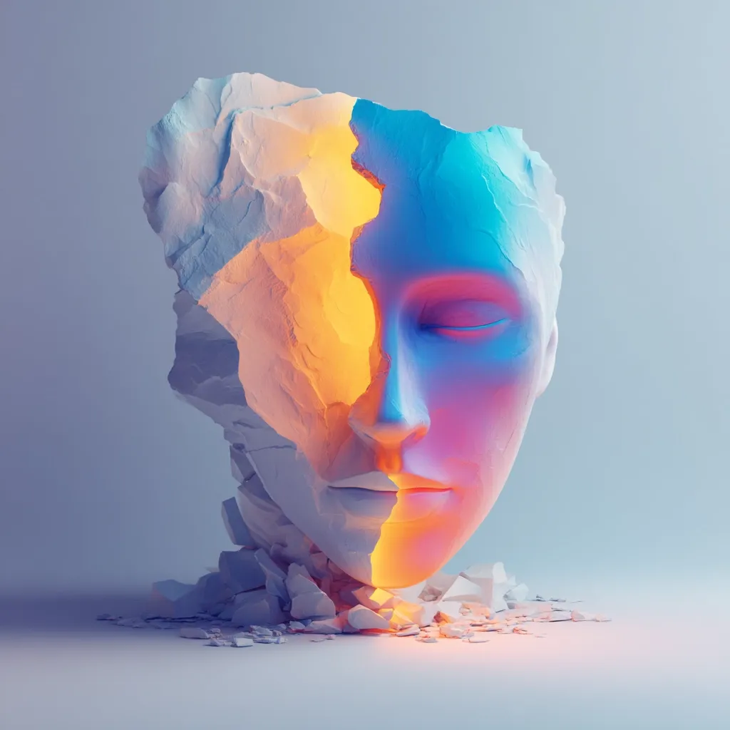 A fragmented stone sculpture of a face, bathed in warm and cool light, evokes a sense of vulnerability and inner conflict.  One half is smooth and vibrantly colored, while the other crumbles into rough, fragmented pieces. The contrast between the intact and broken portions symbolizes duality and resilience.  The soft lighting accentuates the texture and the emotional weight of the piece.