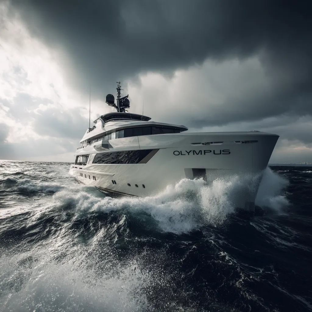 The luxury yacht "Olympus" cuts through dark, choppy waters under a dramatic, stormy sky.  Waves crash against its sleek, white hull. The yacht's name is prominently displayed on its bow. The image conveys a sense of power and adventure against a backdrop of brooding clouds and turbulent sea.