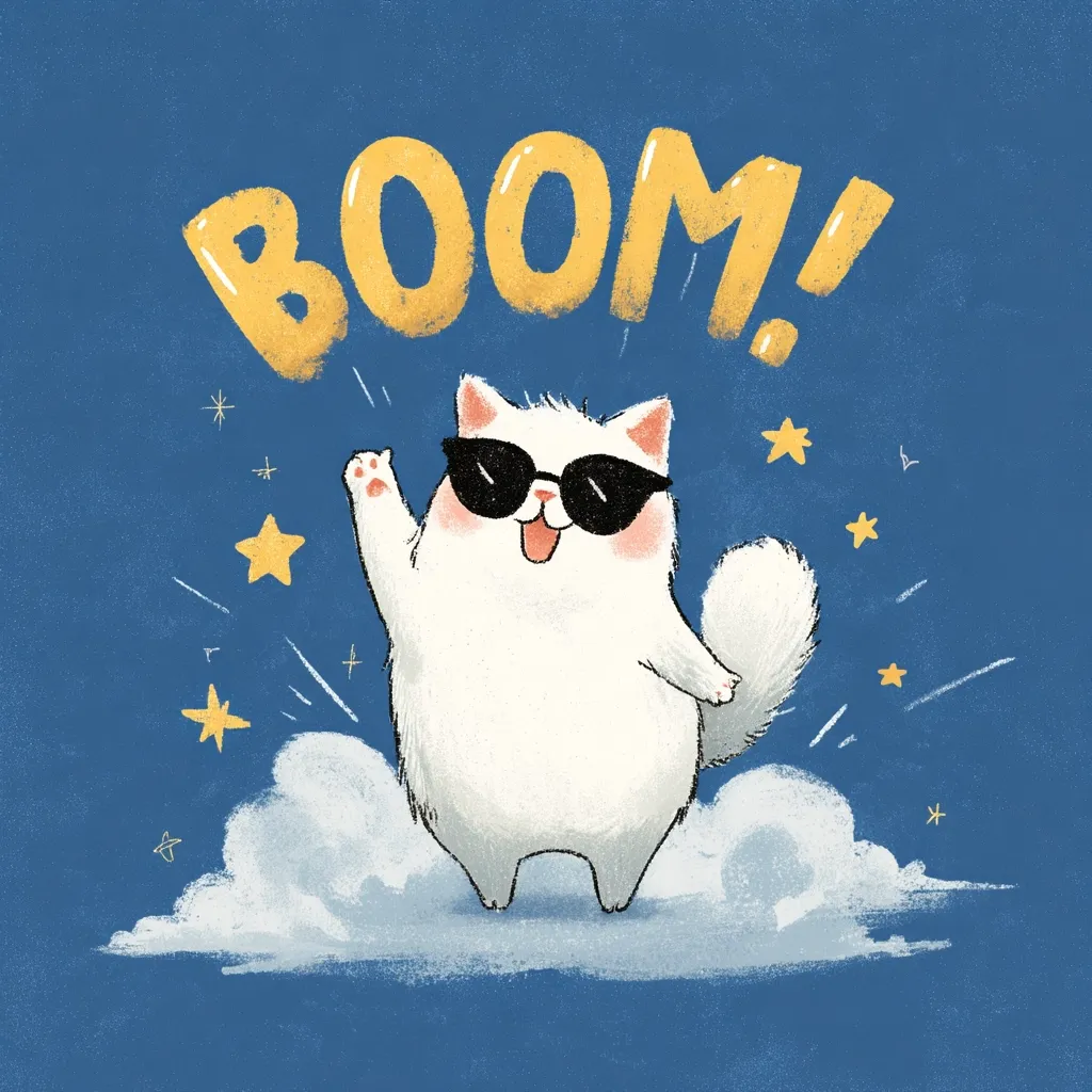 A cute, fluffy white cat wearing sunglasses waves hello against a dark blue background.  The word "BOOM!" in yellow letters floats above the cat, surrounded by small, sparkling stars. The cat stands on a small, fluffy cloud, creating a whimsical and energetic scene.  The style is digitally painted, with a soft, textured feel.