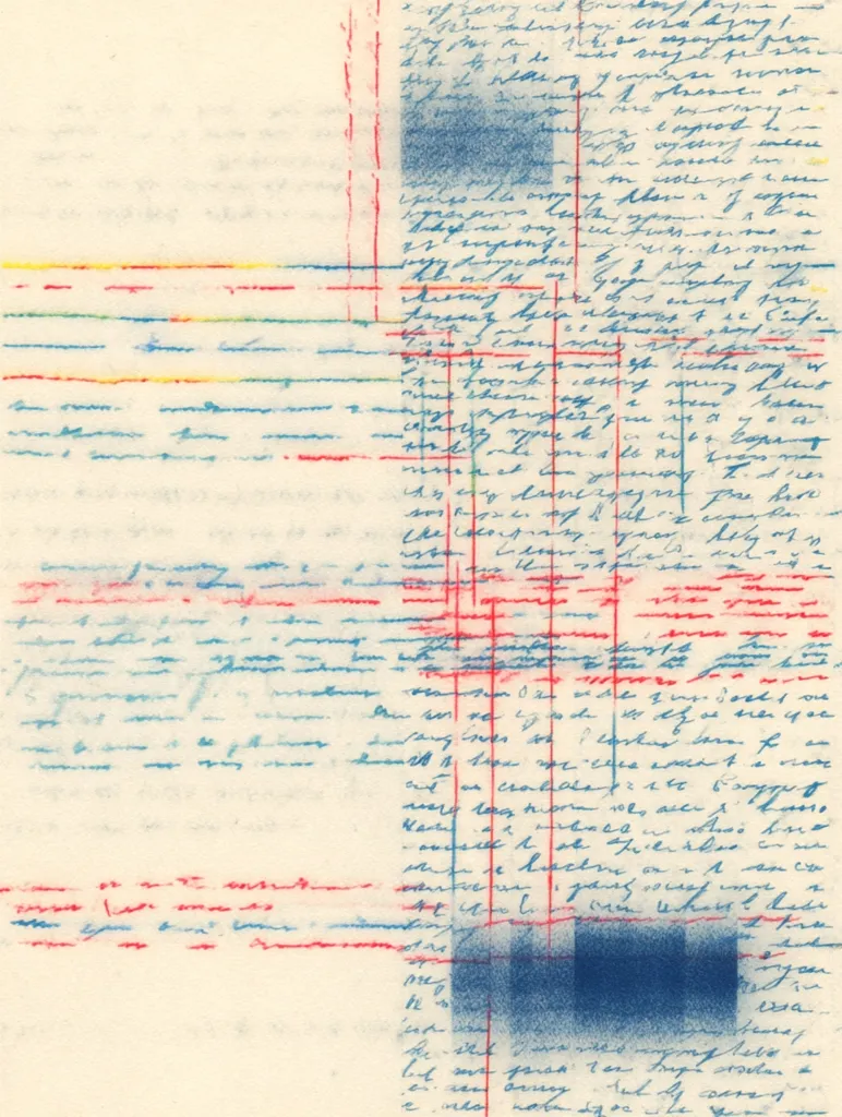 The image shows a page filled with handwritten text in blue ink.  Red and colored lines crisscross the page, overlaying and obscuring sections of the writing.  A dark blue rectangular area is prominently featured near the bottom right. The overall impression is one of layered text and abstract markings, suggesting a journal page or artistic composition where writing is interwoven with visual elements. The script appears to be in a European language.