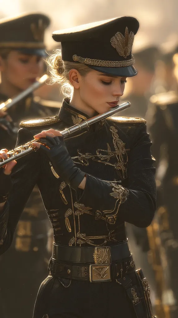 A young woman in a military-style uniform plays a flute. Her black jacket is adorned with gold embroidery, and she wears a matching black peaked cap with gold braid.  The setting appears to be outdoors, with other uniformed figures blurred in the background, suggesting a band or military ensemble. The warm lighting casts a dramatic glow on the scene.