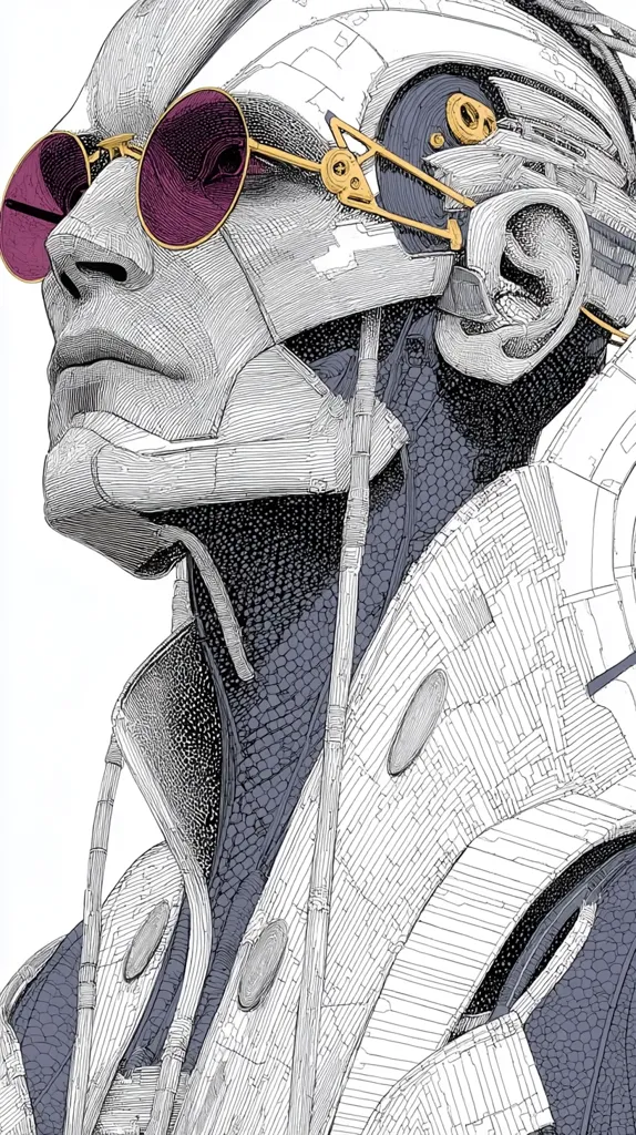 A detailed line drawing depicts a stylized cyborg's head and shoulders. The intricate artwork showcases a complex network of lines and textures, suggesting a mechanical structure beneath the surface.  The cyborg wears round, dark-tinted glasses with a gold frame, adding a touch of futuristic elegance to the detailed, almost architectural design. The overall aesthetic is a blend of mechanical precision and organic form.