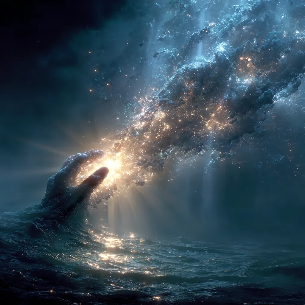 A colossal hand, seemingly emerging from a dark ocean, gently cradles a luminous nebula.  Golden light bursts from the celestial cloud, illuminating the hand and the surrounding water.  The scene evokes a sense of creation or divine intervention, a powerful and awe-inspiring image of cosmic interaction.  The dark blue tones contrast beautifully with the bright, ethereal glow.
