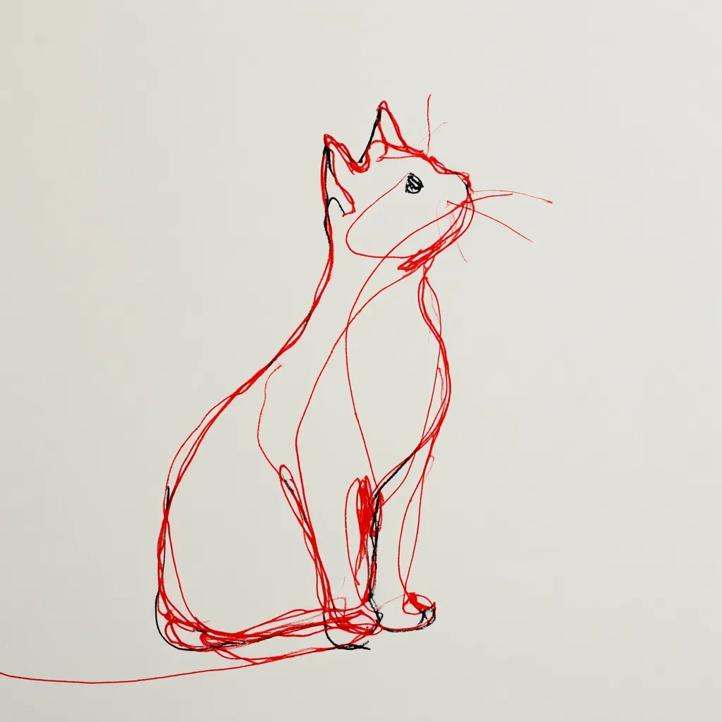 A minimalist line drawing of a cat.  The cat is depicted in red, with a few black lines adding detail to its face and legs.  It sits facing right, its gaze directed upward. The style is loose and expressive, emphasizing the cat's form with flowing lines rather than precise detail.  The background is a plain off-white.