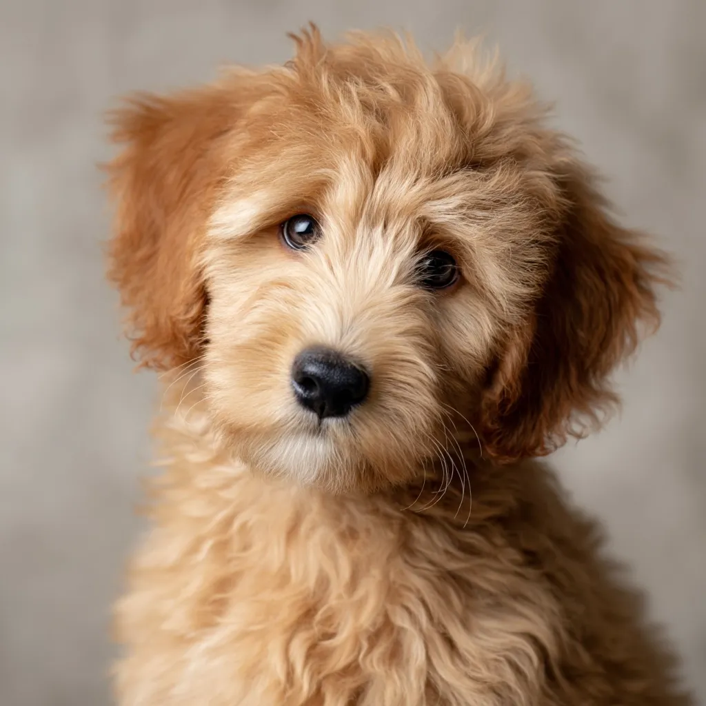 An adorable golden doodle puppy looks inquisitively at the camera. Its fluffy, light brown fur is soft and textured.  The puppy's dark eyes and dark nose contrast with its light coat.  The overall image is a close-up portrait showcasing the puppy's endearing features and fluffy texture.