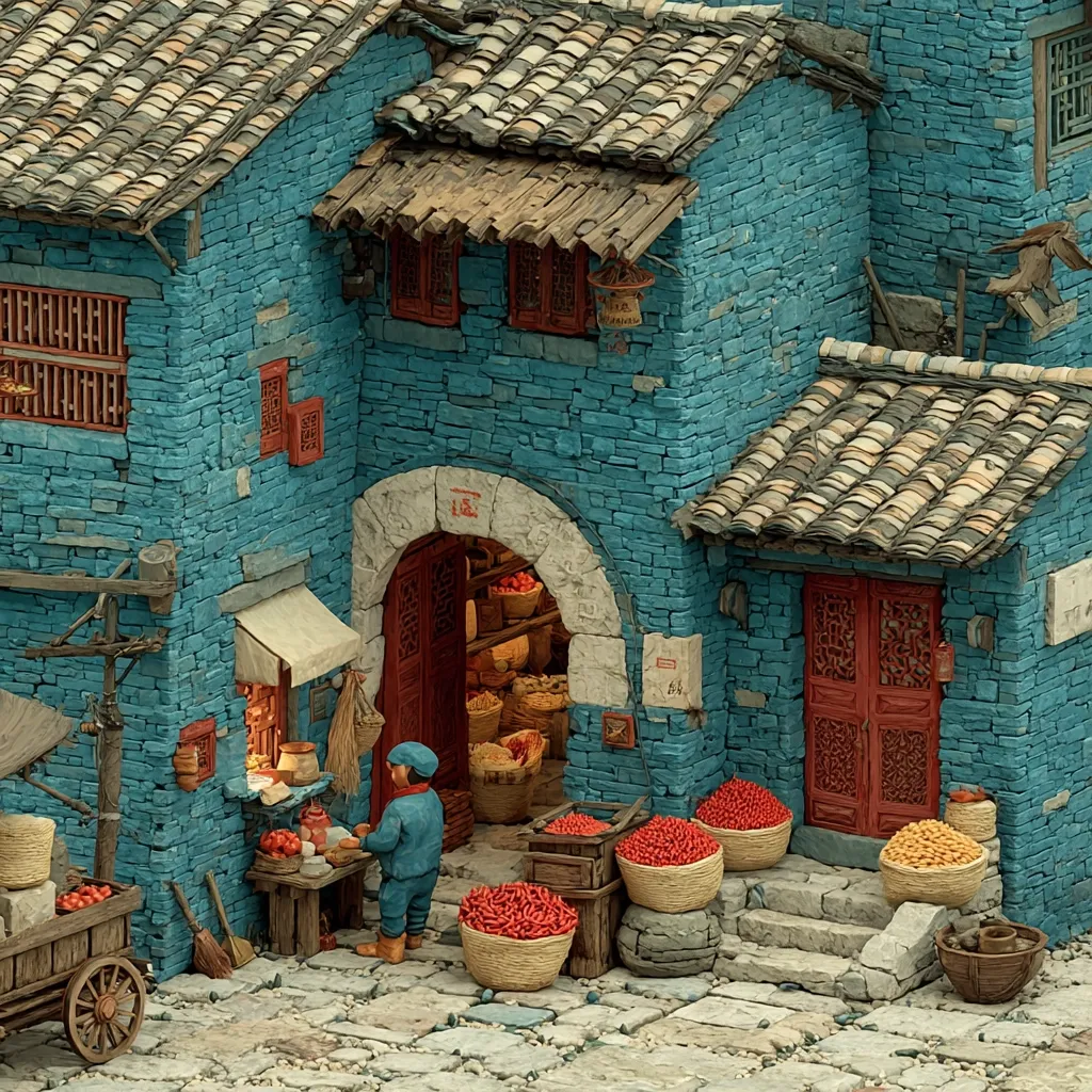 A meticulously crafted miniature depicts a vibrant Asian market scene.  A teal-blue stone building houses a bustling shop overflowing with baskets of red chilies and other goods. A shopkeeper in a blue cap tends to his wares outside, while traditional architecture and details like terracotta roof tiles enhance the realism. The scene is richly textured and displays impressive attention to detail, creating a captivating visual narrative.