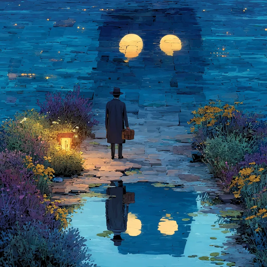 A man in a dark coat and hat carries a briefcase, walking away from the viewer towards a large, dark, wall-like structure reflecting in a calm pool of water.  Two luminous orbs, possibly moons, illuminate the scene.  Lush gardens flank the path, lit by a small lantern. The overall mood is serene yet mysterious, with a hint of surrealism in the reflection and lighting.