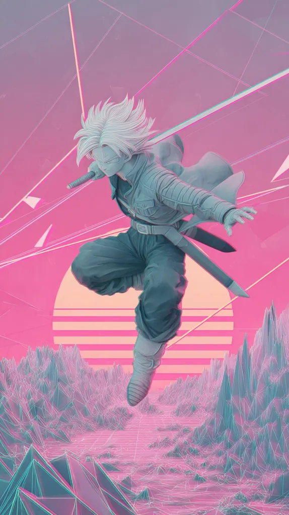 A stylized depiction of Future Trunks from Dragon Ball Z, rendered in a vibrant, 80s-inspired synthwave aesthetic.  He's mid-air, sword drawn, soaring over a geometric, low-poly landscape bathed in pink and teal hues.  The overall effect is dynamic and nostalgic, blending anime character design with a retro futuristic backdrop.