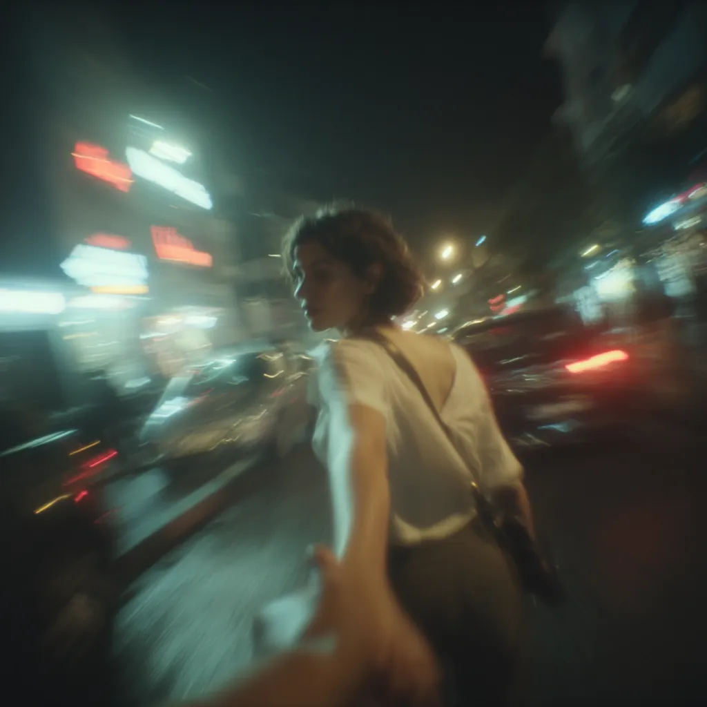 A woman with short brown hair walks through a bustling night city, her hand outstretched in a follow-me gesture.  The scene is blurred, creating a dreamy, cinematic effect, with neon lights and moving vehicles streaking across the frame.  She wears a simple white top and dark trousers, her back to the viewer, the focus on her extended hand. The overall mood is romantic and mysterious.