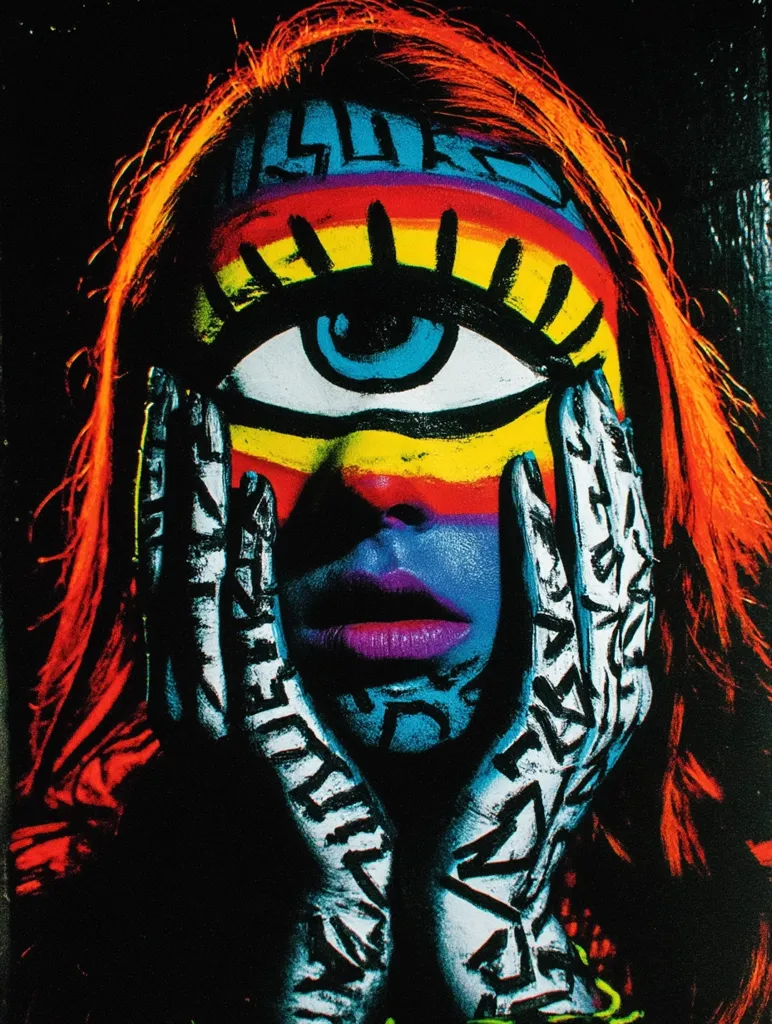 A vibrant portrait of a woman with fiery red hair, her face and hands adorned in a striking array of colors and patterns.  A large, stylized eye dominates her face, surrounded by rainbow hues.  Her hands, painted with intricate black and white designs, frame her face, creating a powerful and visually arresting image. The overall effect is bold, expressive, and slightly surreal.