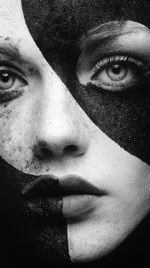 A close-up, black and white shot of a woman's face, artistically painted with a bold, diagonal black and white design.  The contrast between the dark and light paint is striking, highlighting her expressive eyes and full lips.  The textured paint application adds depth and visual interest to the image.  The overall effect is dramatic and powerful.