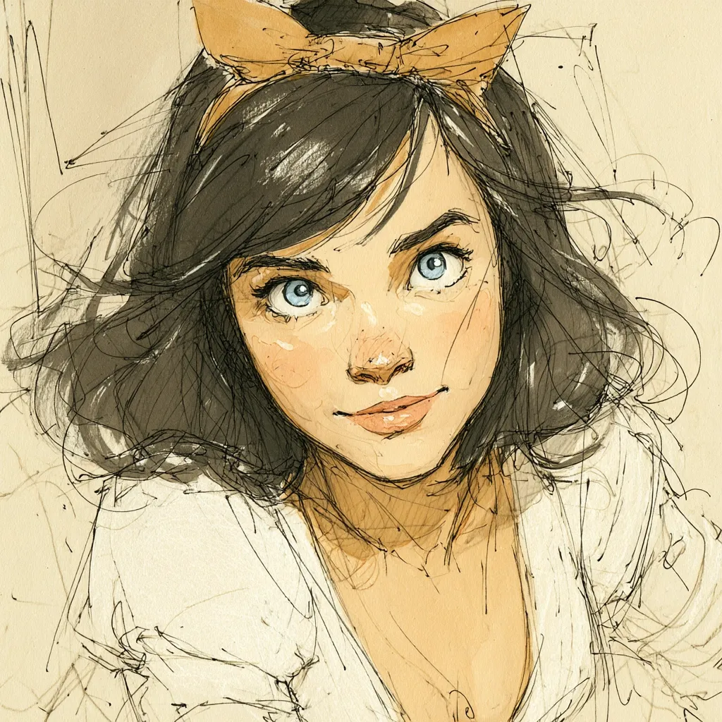 A stylized portrait of a young woman with shoulder-length dark hair and a peach-colored headband.  Her large, expressive blue eyes and soft features are accentuated by loose, expressive brushstrokes. The drawing style is loose and sketchy, with visible pencil lines and watercolor washes, creating a textured and dynamic effect.  She’s wearing a light-colored, possibly off-white, top. The background is a muted beige tone.
