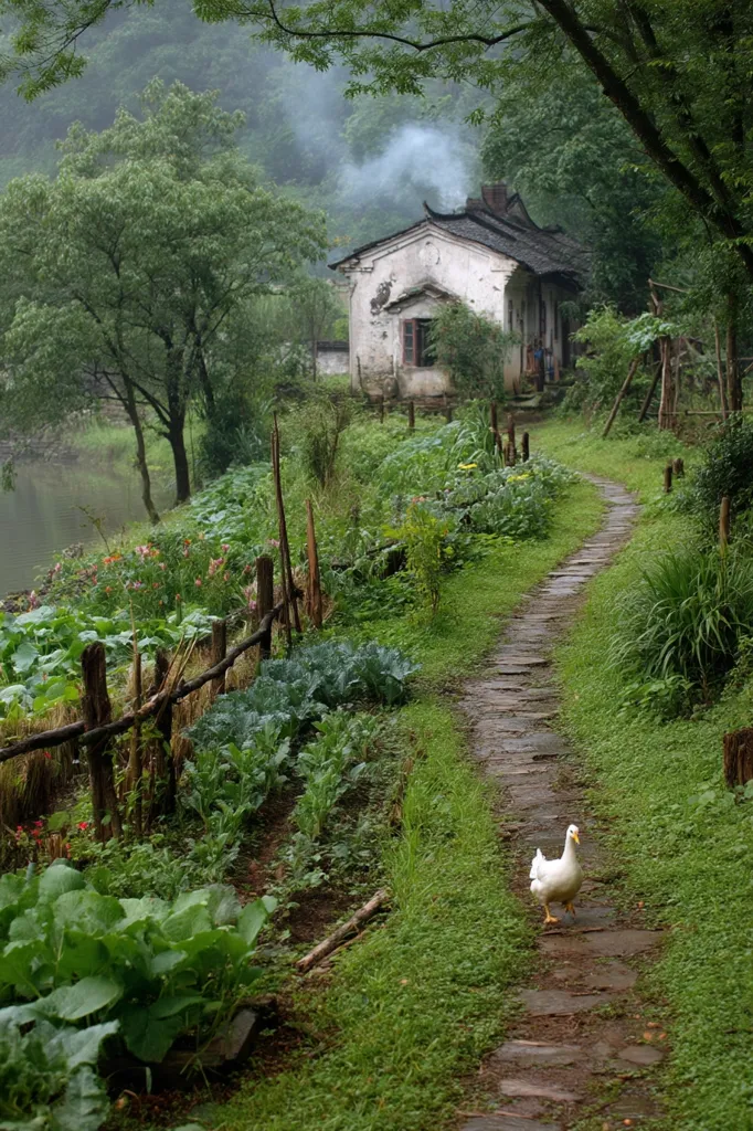 A serene, misty scene unfolds along a stone pathway winding through a lush, green garden. A quaint, aged white house with a smoking chimney sits nestled amidst the greenery, near a calm body of water.  Vegetables thrive in neatly tended rows, bordered by rustic wooden fences. A solitary white duck ambles along the path, adding a touch of tranquility to this idyllic rural landscape.
