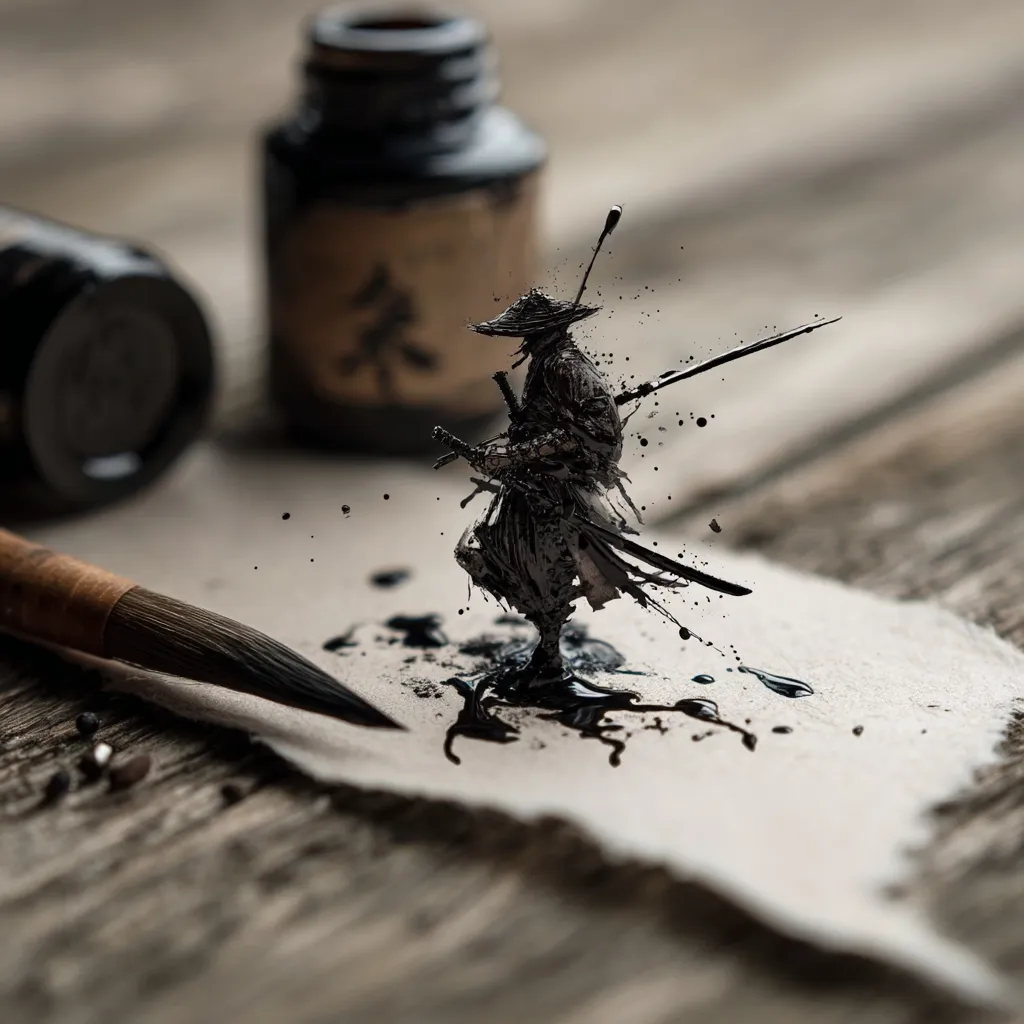 A captivating image depicts a samurai warrior, seemingly formed from ink, standing on a piece of paper.  The figure is dynamically posed, swords drawn, amidst ink splatters.  Nearby sit inkwells and a brush, suggesting the art's creation.  The overall aesthetic is dark, moody, and evocative of Japanese art and culture.  The wood grain background adds texture and depth.