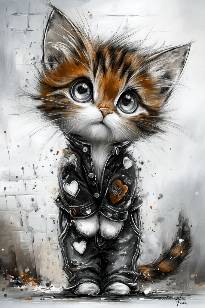 A painting of a cute, cartoonish cat. The cat is orange and white, with large, expressive eyes. It's wearing a black leather jacket adorned with white hearts and dark pants. The style is expressive, with visible brushstrokes and a slightly messy, graffiti-like background. The cat's overall expression is one of gentle sadness or contemplation.