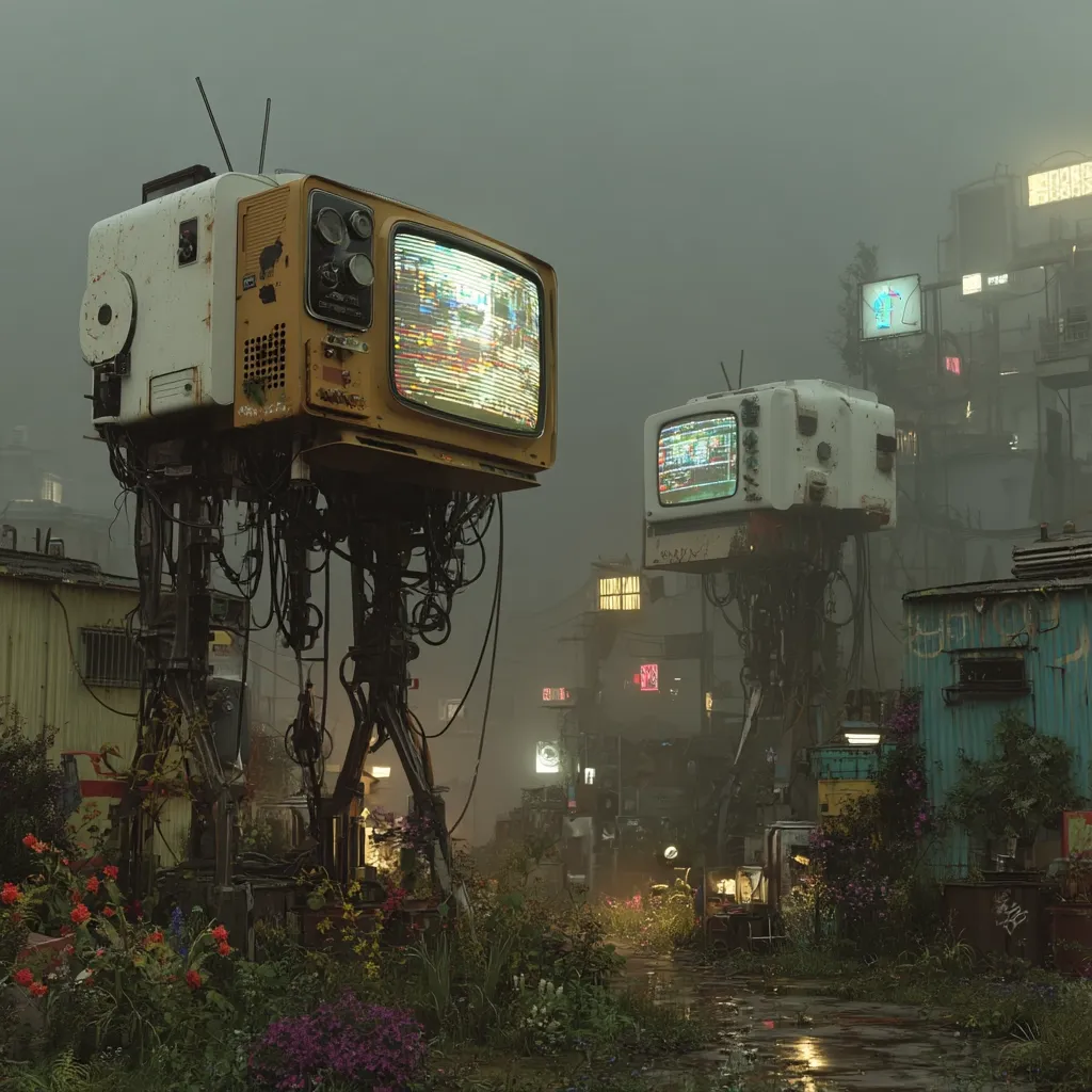 A digital art piece depicts a futuristic, misty alleyway. Two retro television sets, mounted on spindly, mechanical legs, stand amidst overgrown vegetation.  The TVs display cryptic screens.  The background reveals dilapidated buildings and faint neon signs, creating a post-apocalyptic or cyberpunk atmosphere.  A wet, overgrown path winds between the structures. The overall scene is evocative of a blend of nature reclaiming technology.