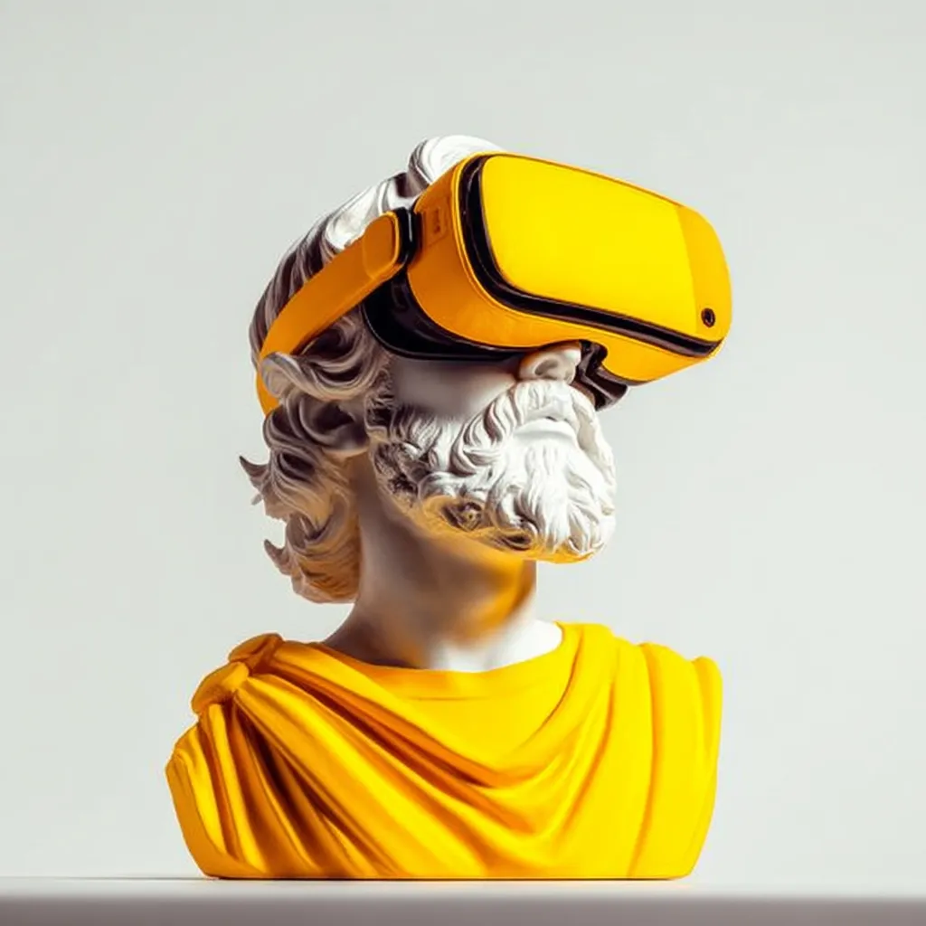 A classical bust, seemingly of a Greek philosopher or statesman, is depicted wearing a vibrant yellow virtual reality headset.  The contrast between the ancient sculpture's serene expression and the modern technology creates a striking visual juxtaposition, suggesting the merging of old and new worlds, history and innovation, or the timeless appeal of human experience in a virtual realm.  The yellow coloring adds a playful, contemporary feel to the image.