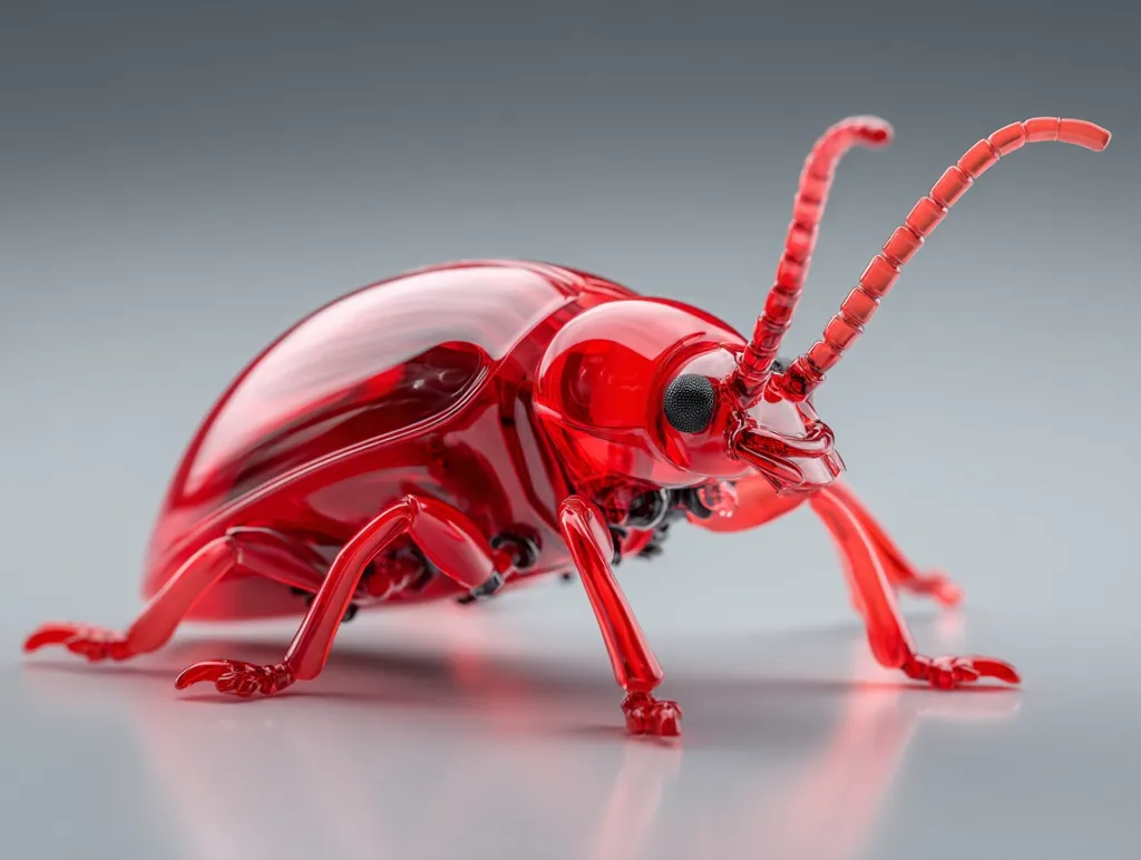 A 3D rendering of a translucent red robotic insect.  Its body is smooth and polished, revealing internal mechanical details.  Long, segmented antennae extend upward.  The insect's legs are articulated and positioned for movement, creating a sense of poised readiness.  It sits on a reflective surface, enhancing its vibrant color. The overall aesthetic is futuristic and sleek.