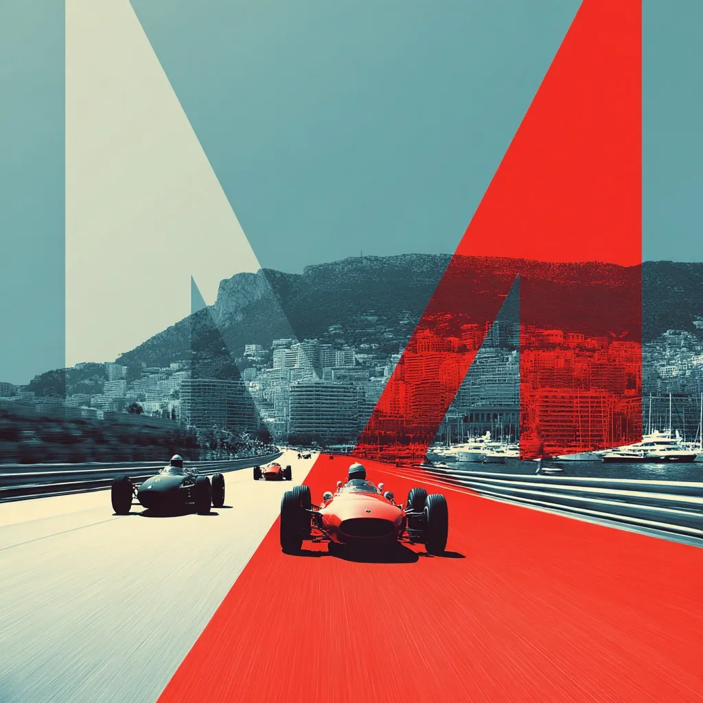 A stylized image depicting vintage Formula 1 race cars speeding along a track.  The Monaco cityscape, with its harbor and mountainous backdrop, forms the background.  Bold geometric shapes in red and off-white overlay the scene, creating a dynamic and graphic composition. The overall feel is one of speed, excitement, and classic motorsport.